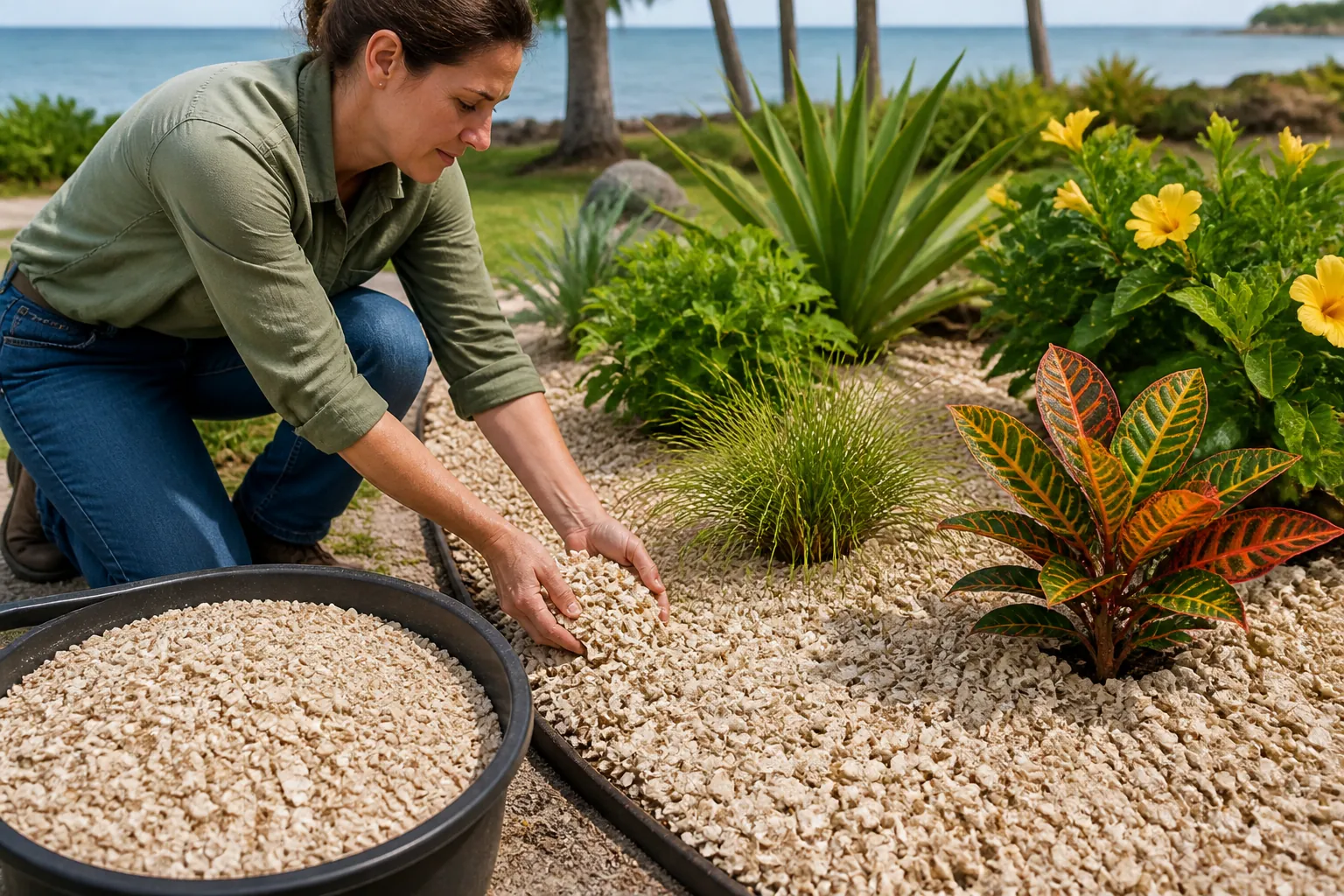 Spreading Shell Mulch Around Coastal Garden Plants A woman spreads crushed shell mulch around ornamental grasses and colorful tropical plants in a coastal garden bed.