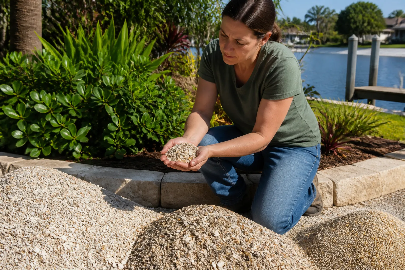 Examining Crushed Shell Beside a Garden Bed A woman kneels beside a stone-edged garden bed, holding crushed shell in cupped hands near three piles of shell material.