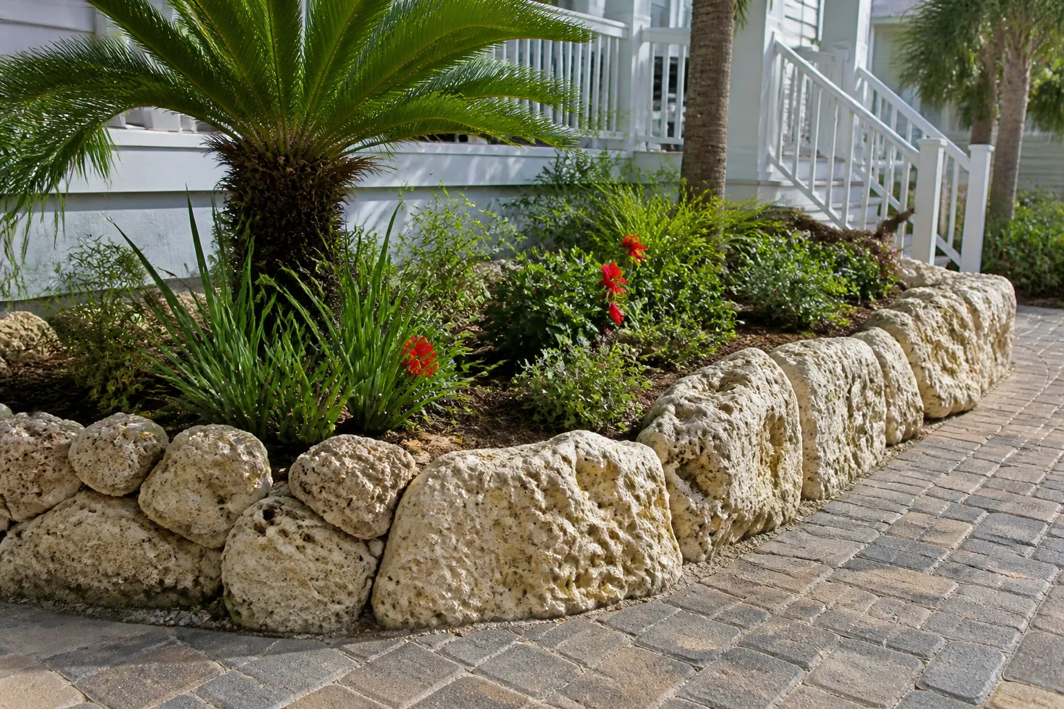 Coquina Rock Garden Border Beside a White Porch Porous coquina rocks border a garden bed with palms and red flowers beside a paver walkway and white porch.
