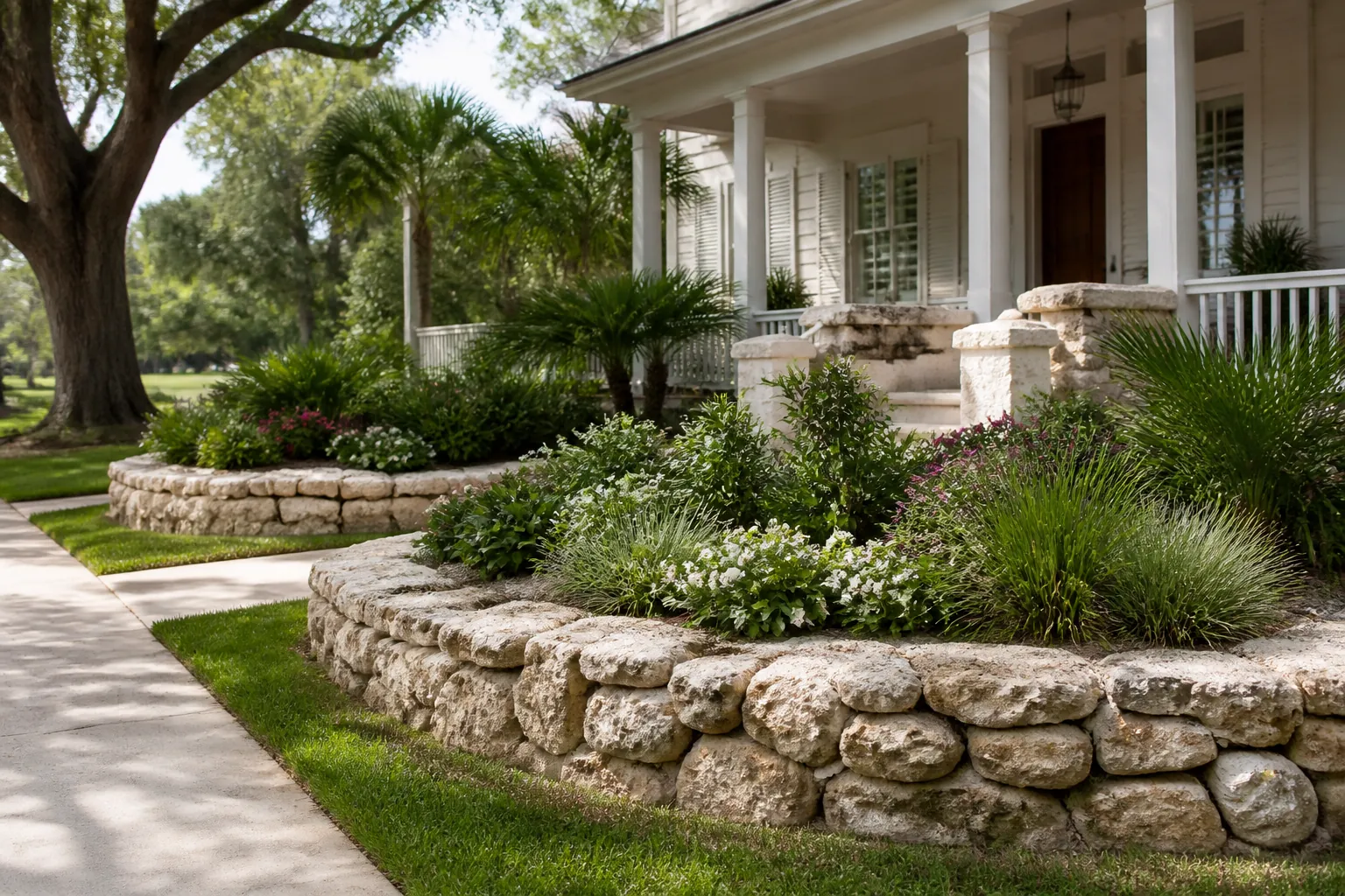 Coquina Stone Garden Borders Beside a Front Porch Curved coquina stone garden borders surround palms, ornamental grasses and flowering plants in front of a white porch.