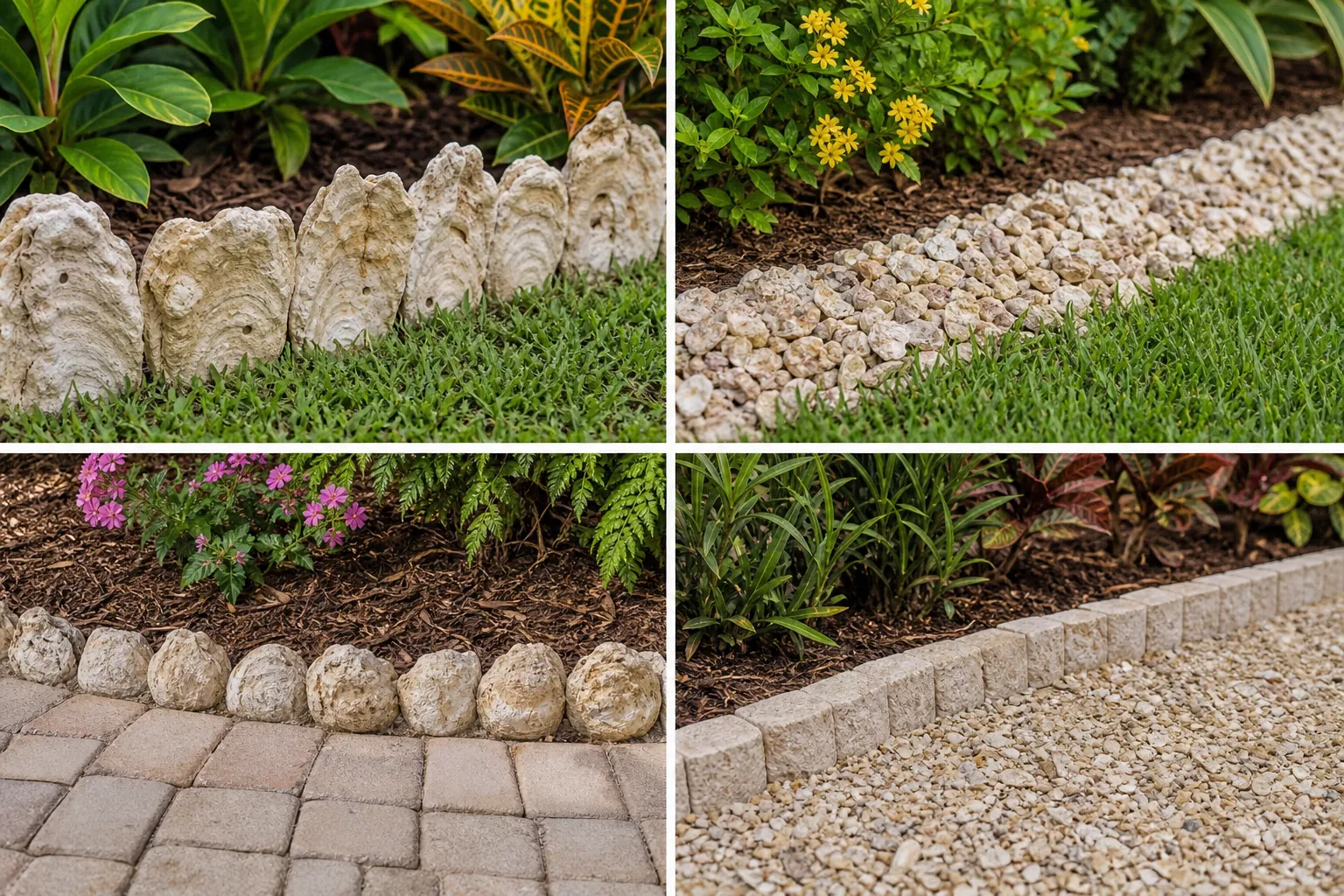Four Coquina Shell and Stone Garden Edging Options Four garden edging examples show upright shells, loose shell gravel, rounded coquina stones, and rectangular blocks beside plants.