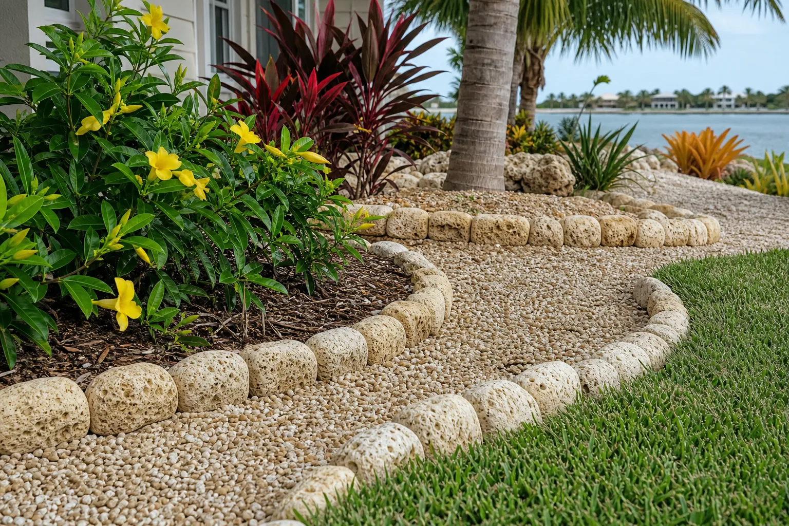 Coquina Stone Edging in a Tropical Waterfront Yard Rounded coquina stone edging borders shell gravel, green lawn, and tropical plants beside a waterfront home.