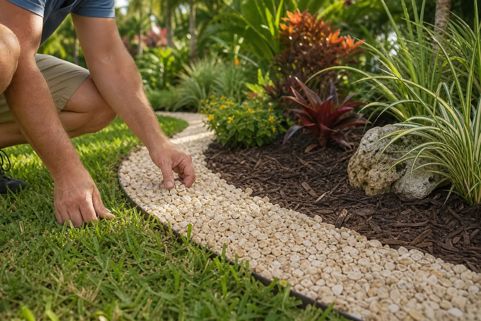 Shell Edging Between a Lawn and Tropical Garden Bed A crouching person arranges pale shell edging along a curved border between a green lawn and a mulched tropical planting bed.