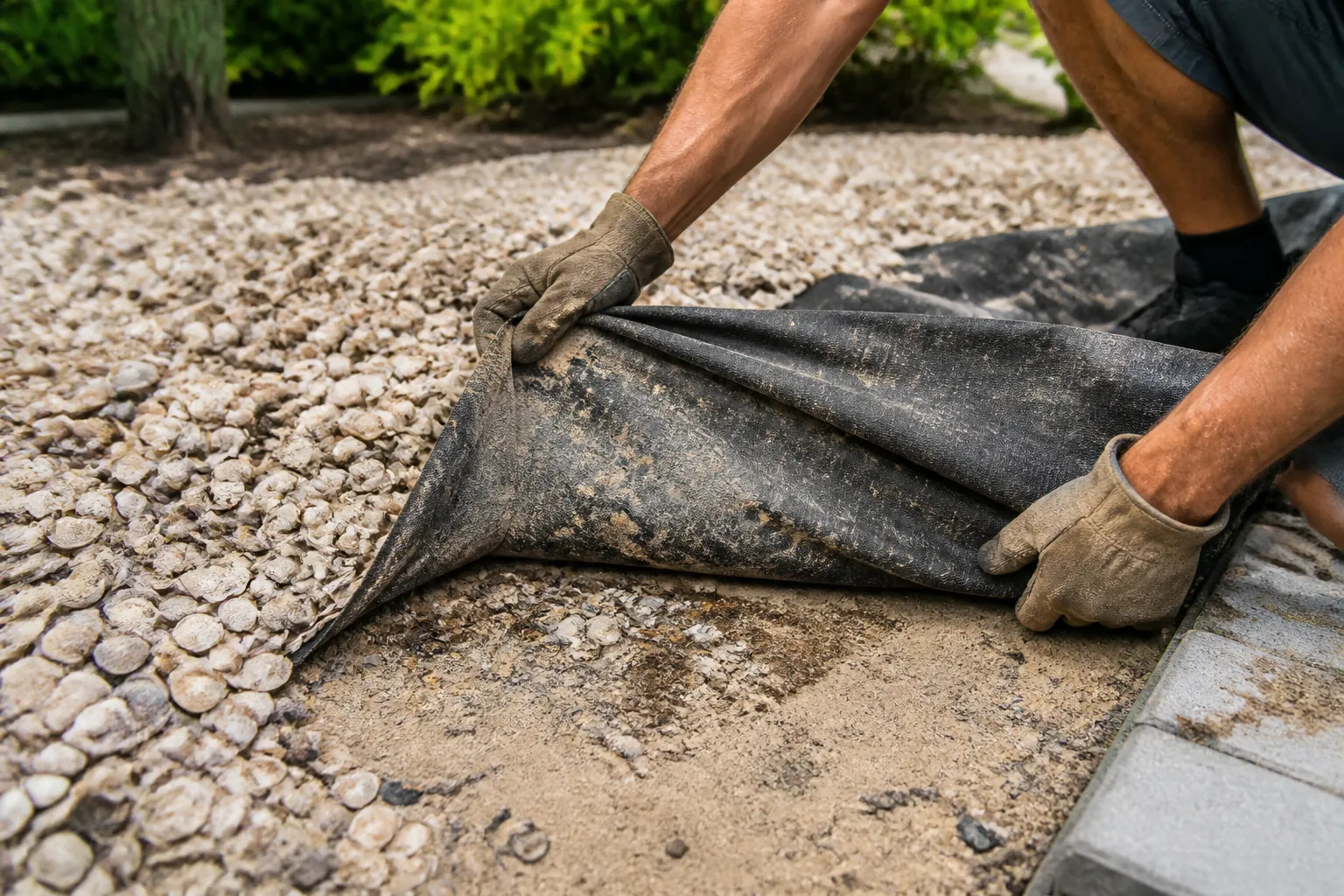 A crouching person in work gloves lifts black landscape fabric beneath pale shell gravel, exposing sandy soil beside pavers.