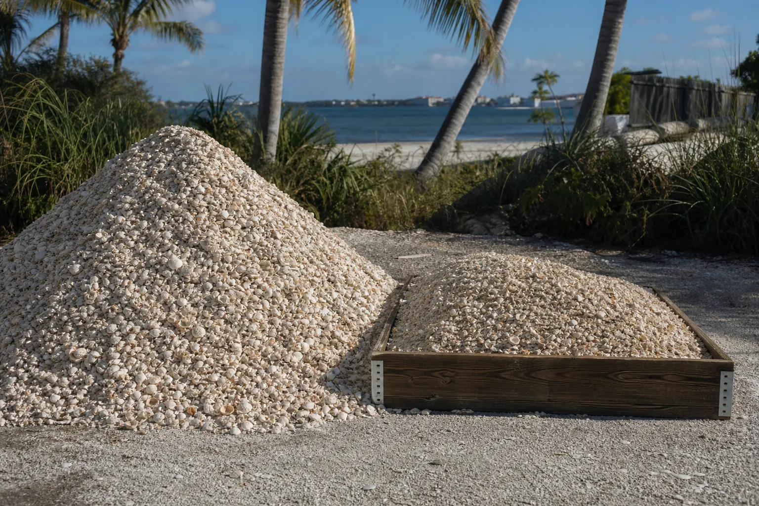 Loose Coquina Shell Pile Beside a Wooden Frame A tall pile of loose coquina shells beside a lower mound in a wooden frame, with palm trees and water behind.