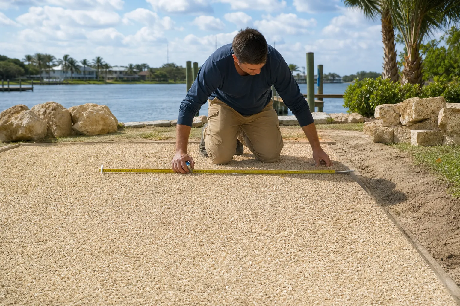 Measuring the Width of a Finished Shell Area A man kneels on a leveled shell-covered area, stretching a yellow measuring tape across its width beside a waterfront.