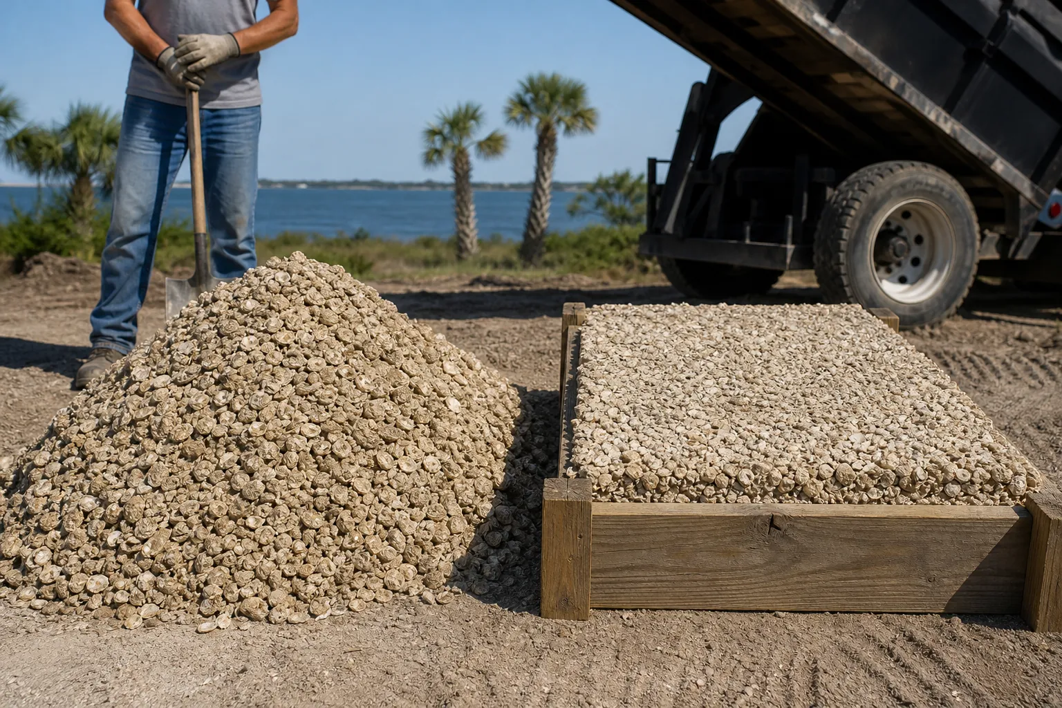 Loose Coquina Shell Pile Beside a Framed Shell Bed A loose coquina shell pile sits beside a level shell bed in a wooden frame, with a worker holding a shovel and a raised dump truck.