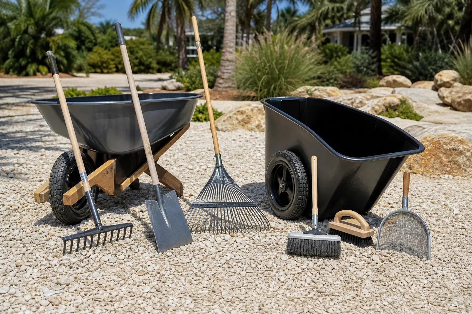 Starter Tools for Maintaining a Shell-Covered Yard Rakes, a shovel, brushes, a mesh scoop and two wheeled carts arranged on shell-covered ground in a palm-lined yard.