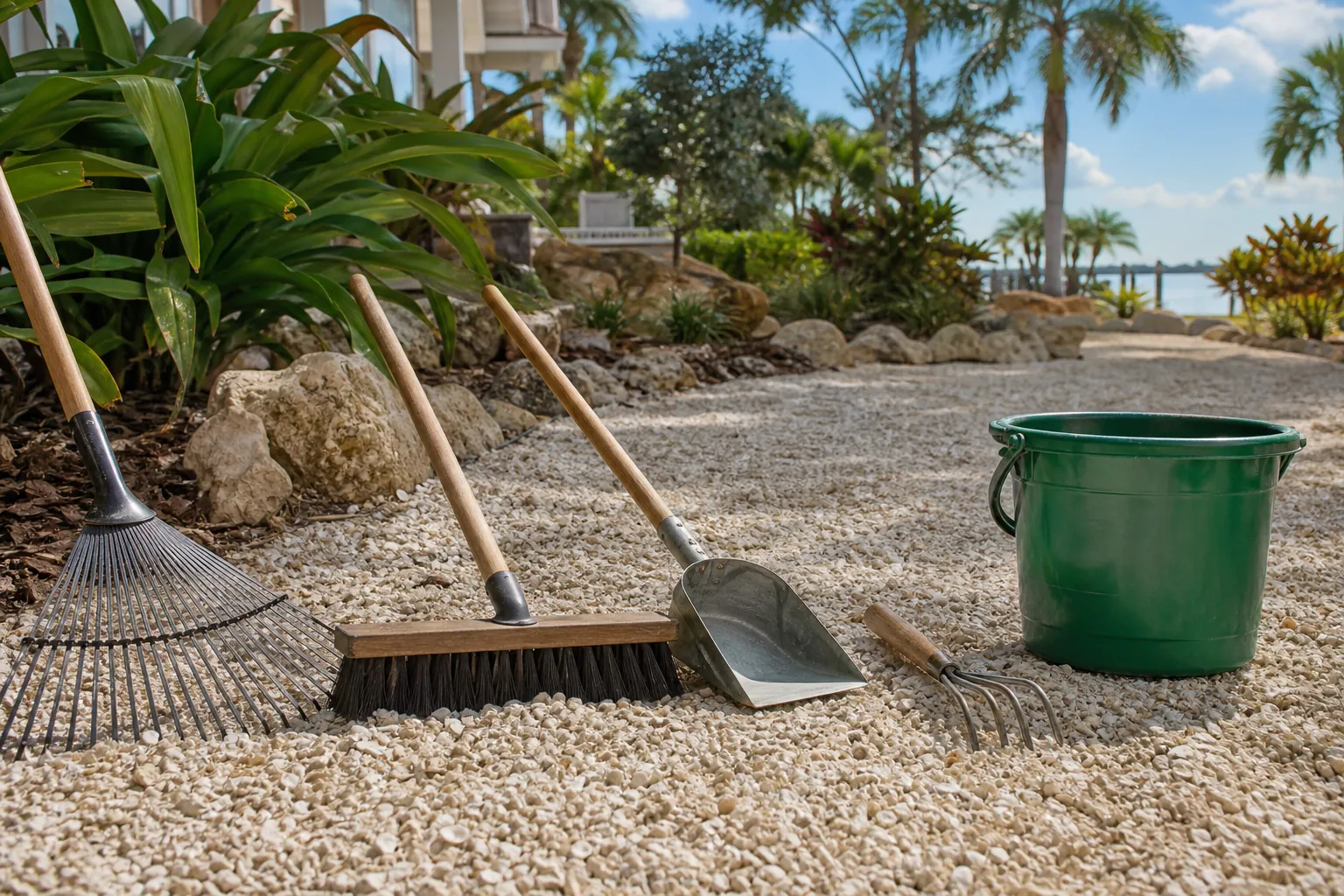Maintenance Tools on a Tropical Shell Path A rake, push broom, shovel, hand cultivator and green bucket rest on a shell-covered path bordered by tropical plants.