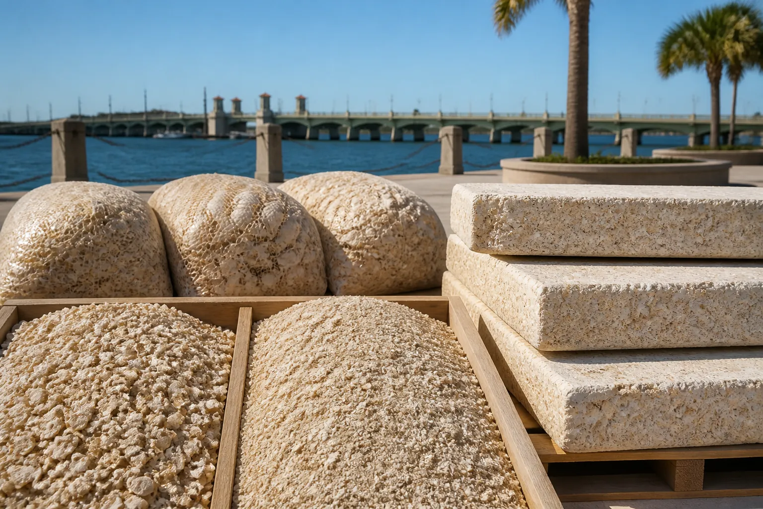 Coquina Shell Aggregate and Stone by the Waterfront Crushed shell in wooden bins beside rounded coquina rocks and stacked stone slabs, with a waterfront bridge and palms behind.