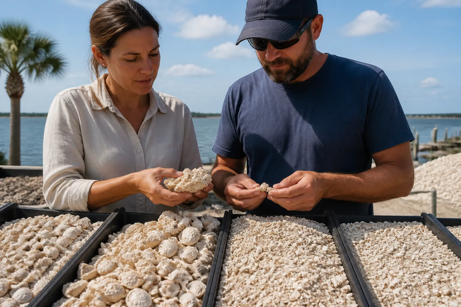 Examining Coquina Shell Samples Before Ordering Two adults examine coquina shell samples above trays of coarse and finely crushed shell at an outdoor waterfront display.