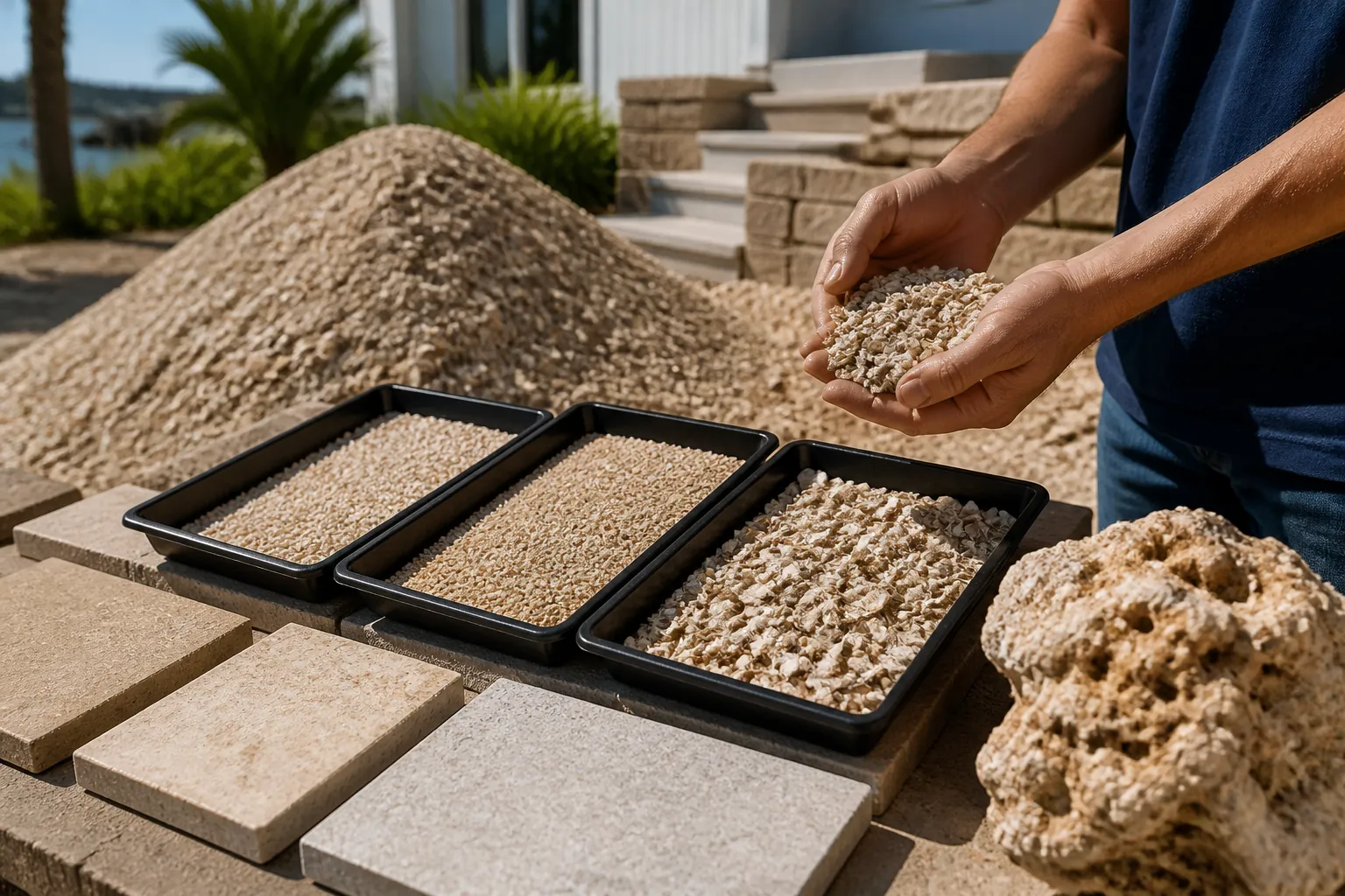 Comparing Coquina Shell Aggregate Sizes and Samples A person holds crushed shell above three trays of graded shell aggregate, with paving samples and a porous coquina rock nearby.