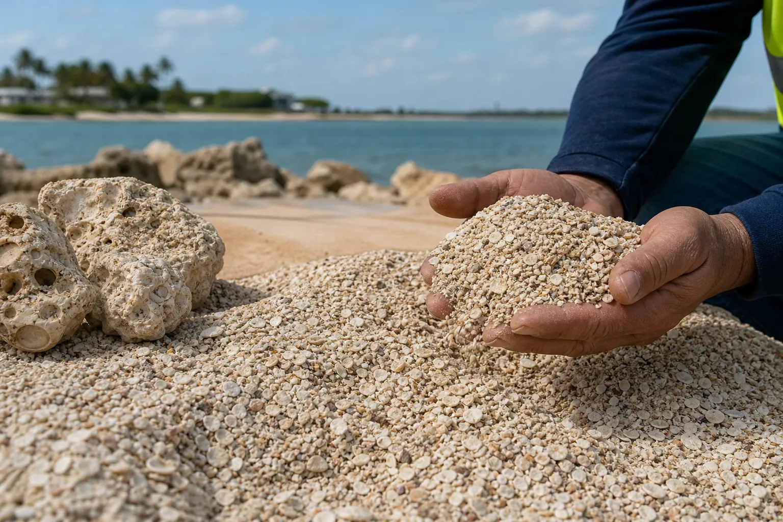 Crushed Shell Aggregate and Coquina Rock Samples A person cups crushed shell aggregate above a large pile, with porous coquina rocks beside it and water in the background.