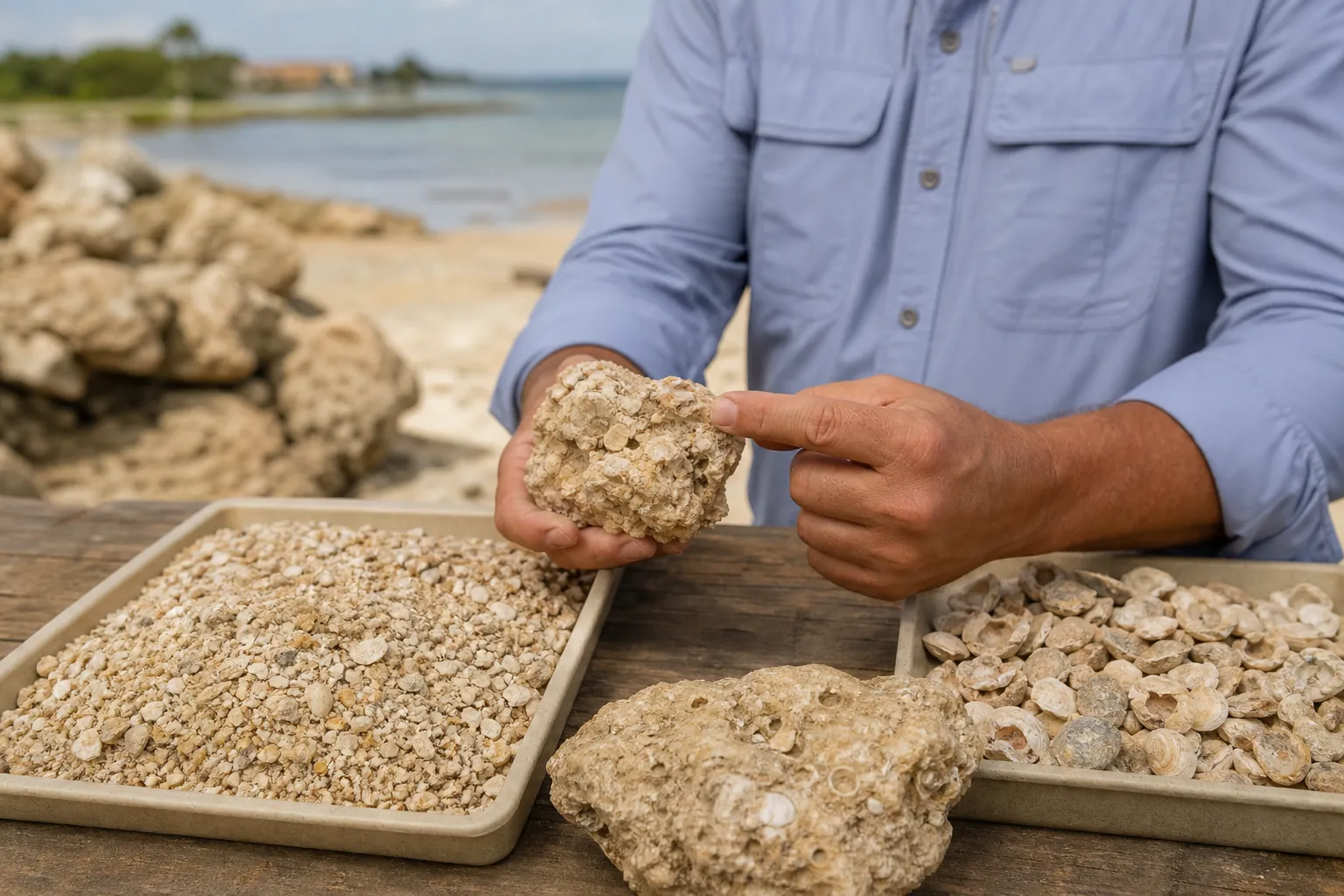 Examining Coquina Rock and Shell Aggregate Samples A person holds and points to a coquina rock beside trays of fine shell aggregate and larger shell fragments on a table.