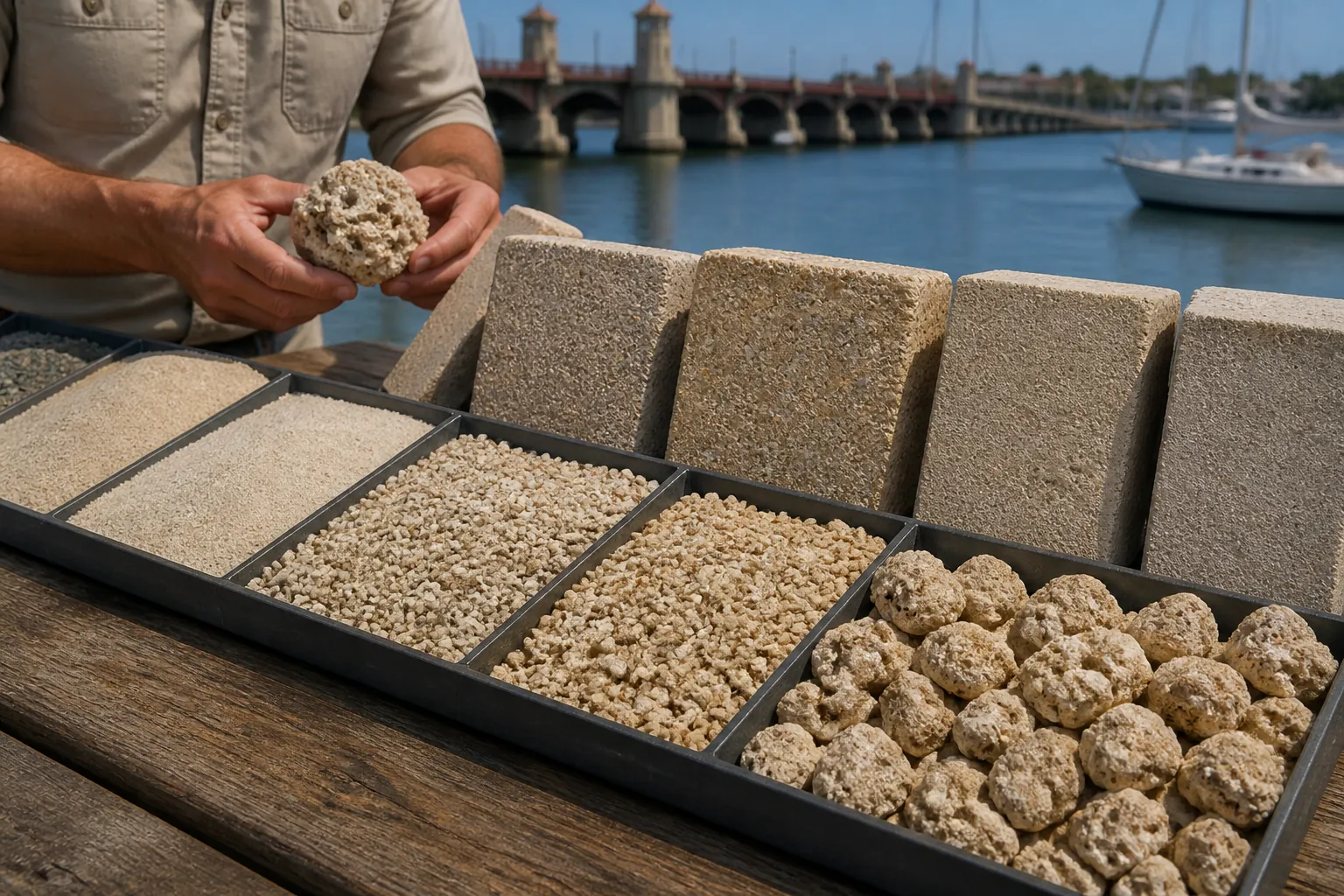 Coquina Stone and Aggregate Samples by the Waterfront A person holds a porous coquina rock above trays of graded aggregate and upright stone samples beside a waterfront bridge.; coquina shell material specifications planning guide