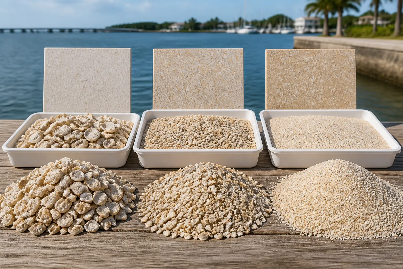 Shell Aggregate Sizes and Beige Material Samples Three trays and piles of coarse, medium, and fine shell aggregate with upright beige sample slabs on a waterfront wooden table.