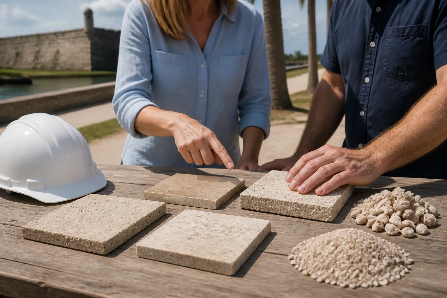 Comparing Coquina Samples and Shell Aggregate Two people examine beige coquina samples and piles of shell aggregate on a wooden table beside a white hard hat.