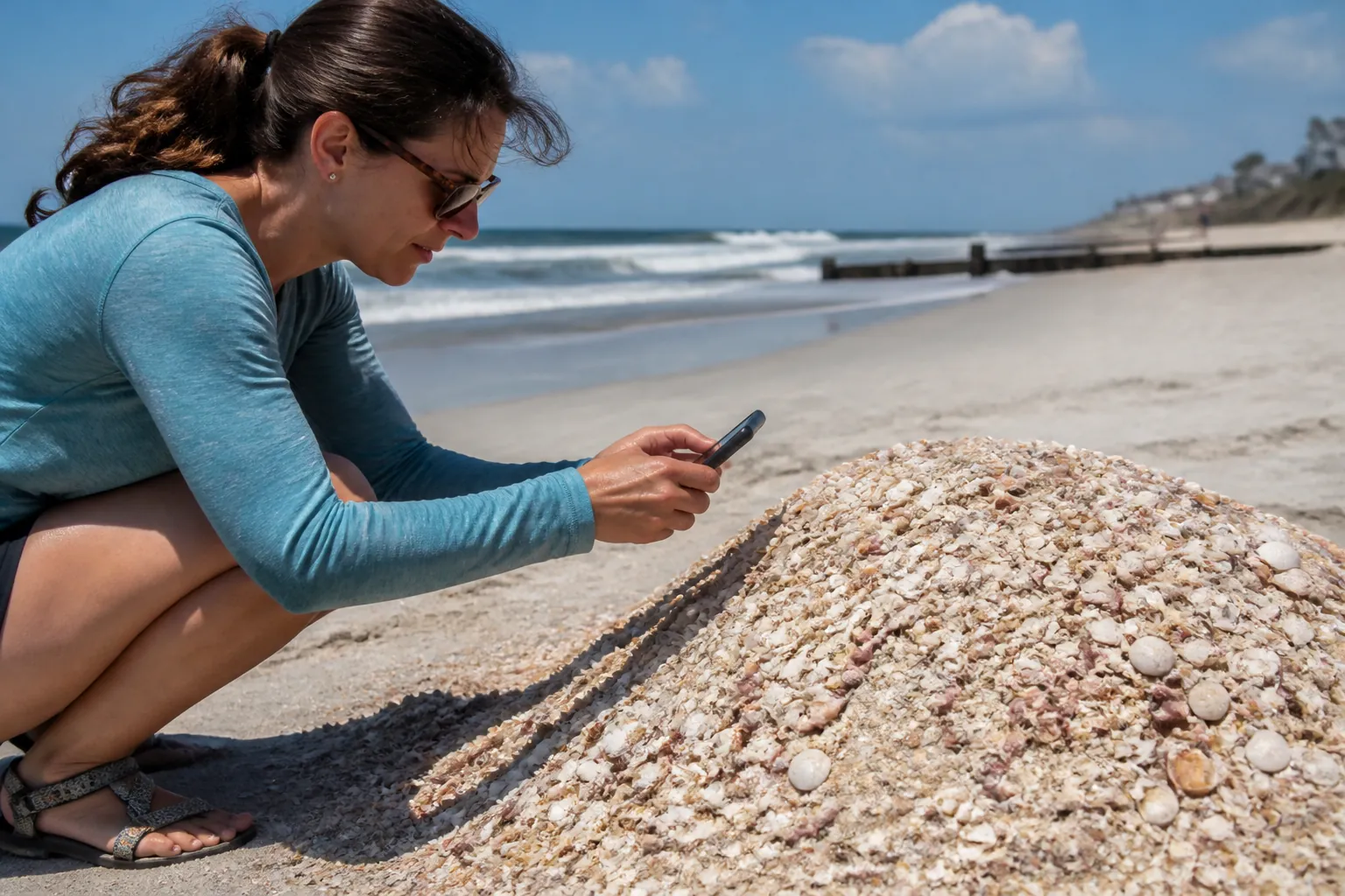 Photographing Shell Color Variation on the Beach A woman crouches on a sunny beach, aiming her smartphone at a mound of pale pink, cream, and tan shell fragments.