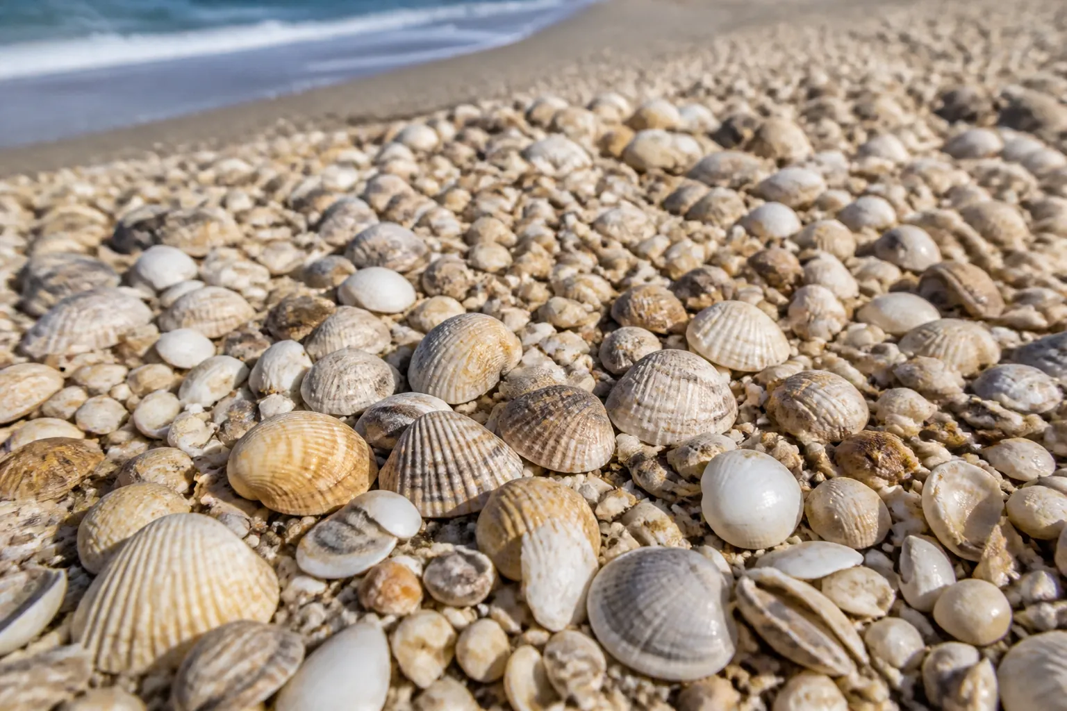 Varied Shell Colors Along a Sandy Shore Cream, golden, gray, and brown seashells cover a sandy beach, with ribbed shells in the foreground and surf behind.