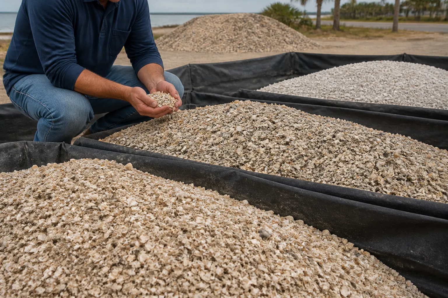 Coquina Shell Piles Showing Natural Color Variation A crouching person holds crushed shells beside separate piles of beige, cream, and gray coquina shell material near the coast.