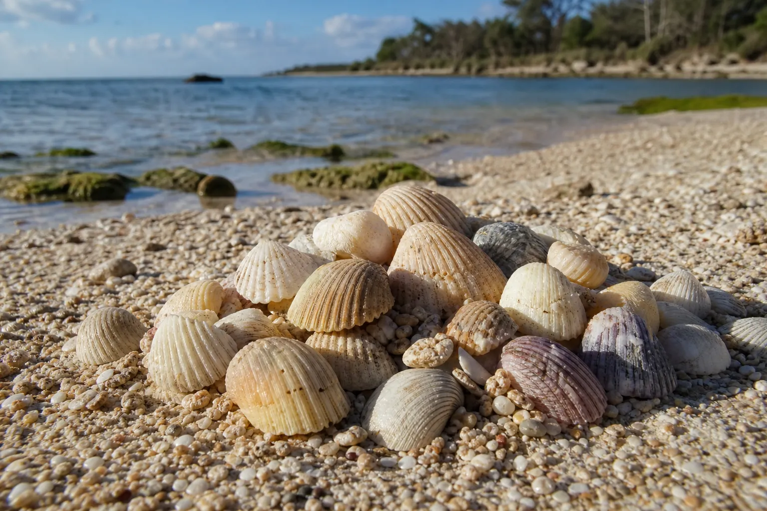 Naturally Colored Seashells on a Pebbly Beach A pile of ridged shells in cream, tan, gray, and purple rests on a pebbly beach beside shallow blue water.