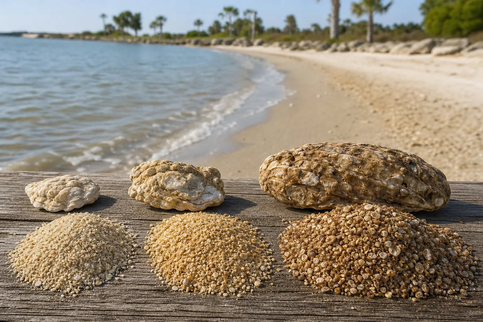 Natural Color Variation in Coquina Rocks and Crushed Shell Three coquina rocks and piles of crushed shell in cream, gold, and brown sit on weathered wood beside a sandy shoreline.