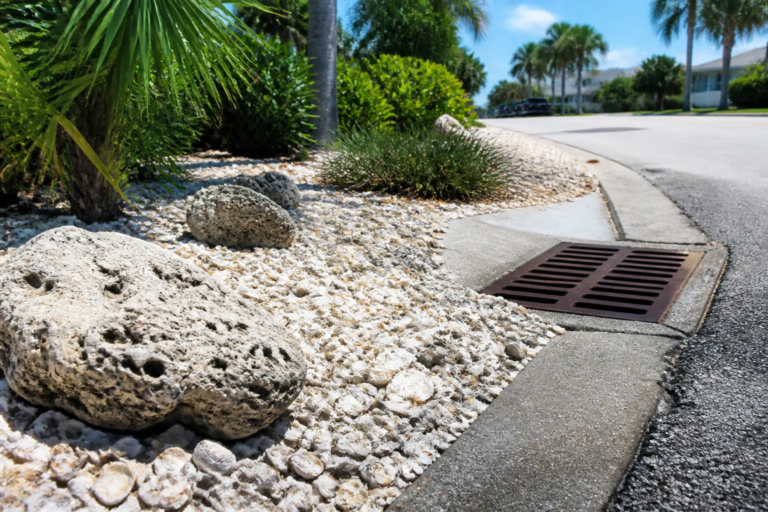 Shell Landscaping Beside a Curbside Storm Drain White shell landscaping and porous rocks beside a curbside storm drain, with palms and houses along a sunny street.
