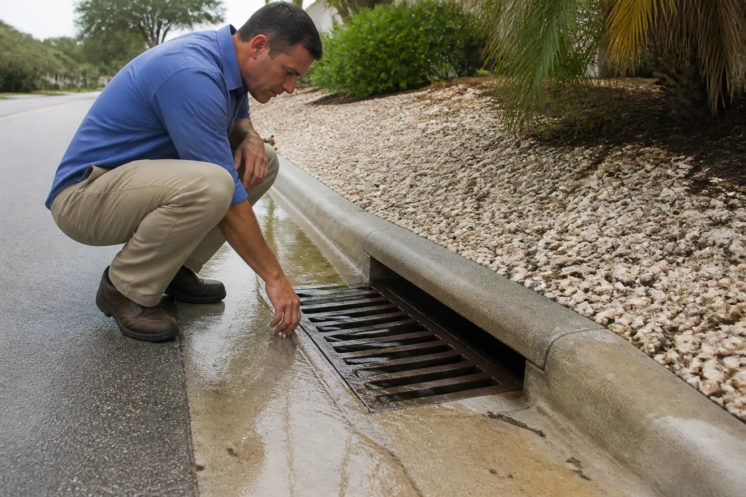 Inspecting a Storm Drain Beside Shell Landscaping A man crouches beside a curbside storm drain and shallow water, next to shell-covered landscaping and palm trees.