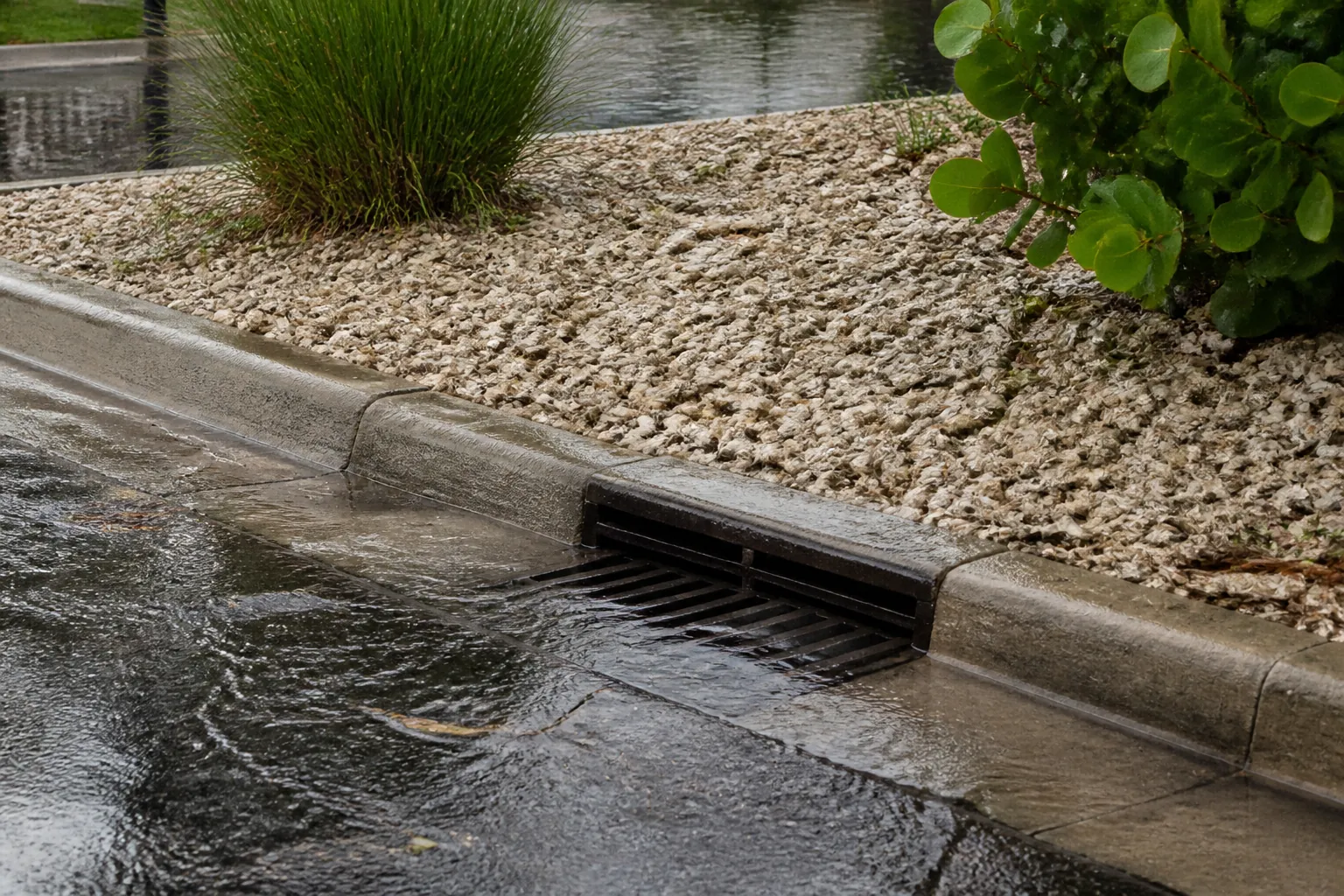Runoff Beside Coquina Shell and a Storm Drain Water flows along a wet street into a curbside storm drain beside a coquina shell landscaping bed with grass and shrubs.