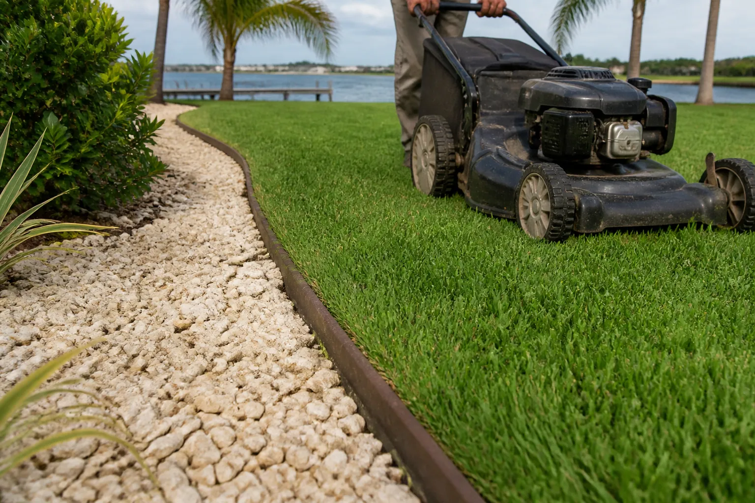 Mowing Beside an Edged Coquina Shell Bed A person pushes a lawn mower on grass beside a curved coquina shell bed separated by dark edging, with palms and water behind.