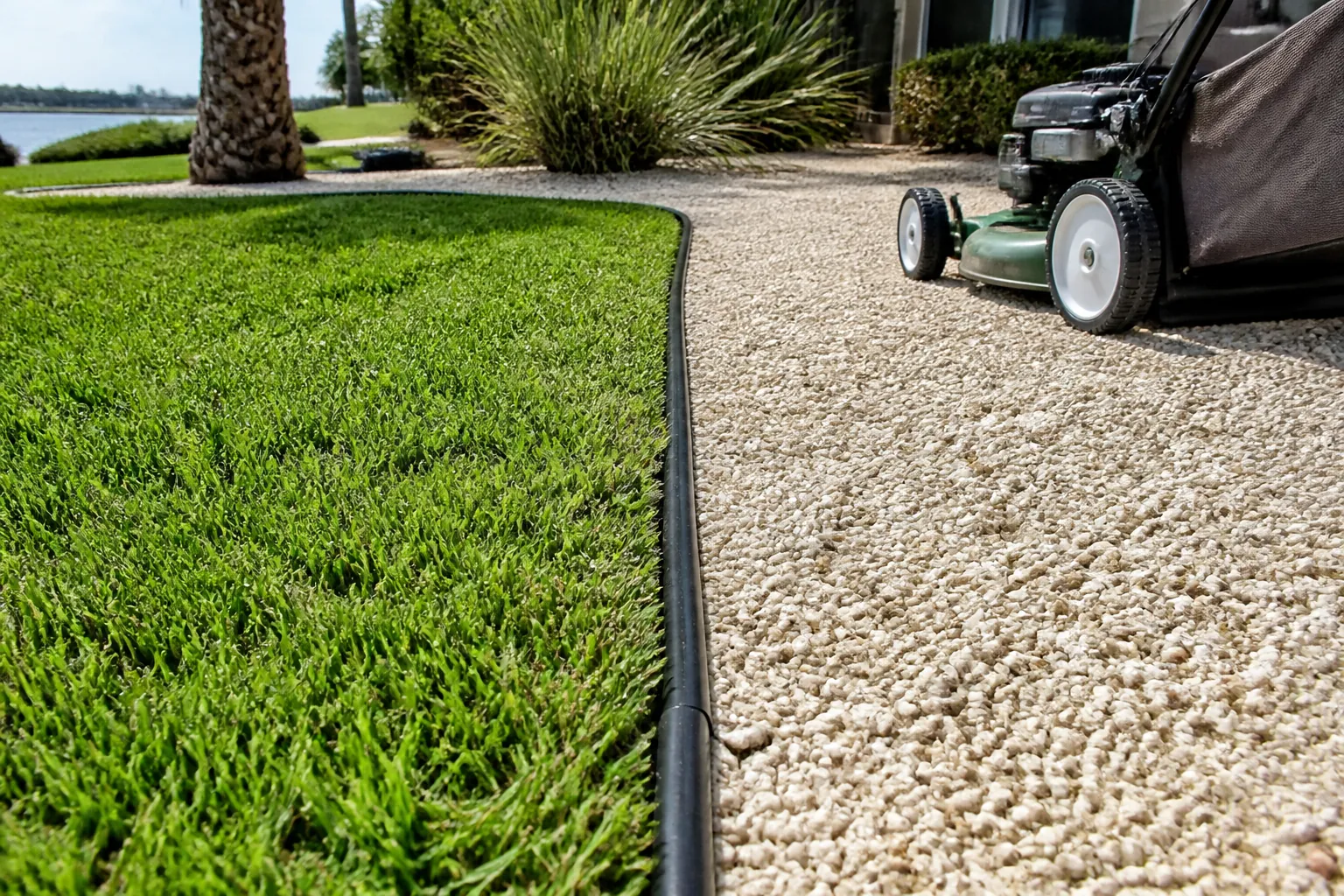 Black Edging Between a Green Lawn and Pale Shell Curved black edging separates a green lawn from a pale shell-covered area, with a lawn mower resting on the shell.