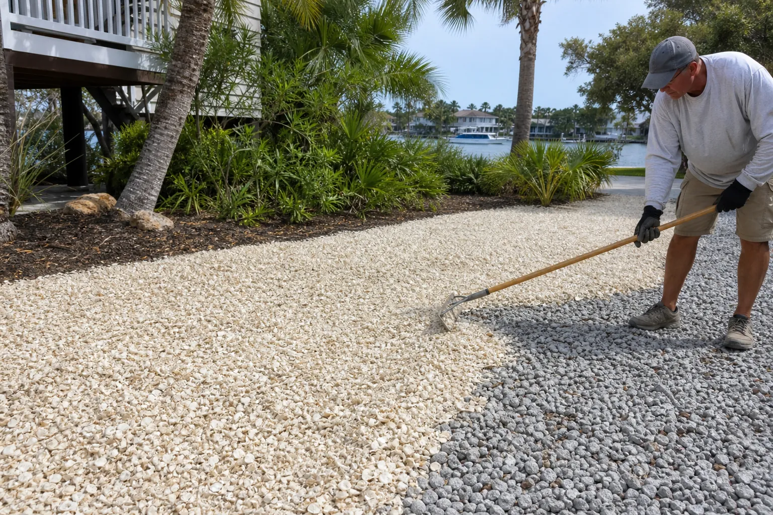 Spreading Shell Material Over a Gravel Driveway A man uses a rake to spread pale shell material over gray gravel beside palm trees and a waterfront house.