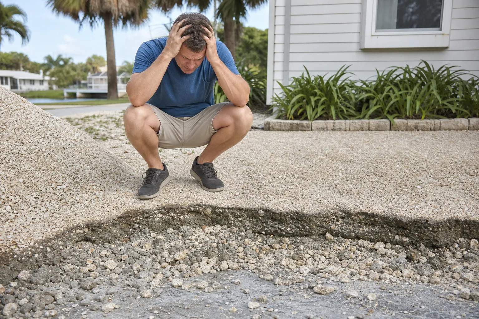 Eroded Shell Driveway Exposing Gravel Underneath A man crouches with his hands on his head beside a shell-covered driveway with an eroded edge exposing gravel underneath.