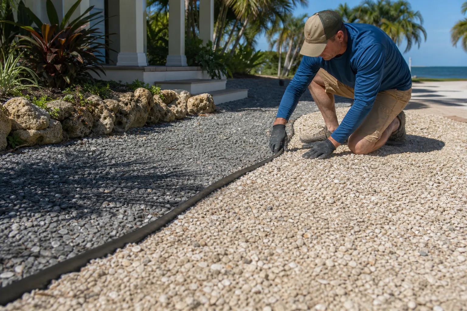 Edging Between Existing Gravel and Shell Aggregate A kneeling man adjusts edging between gray gravel and pale shell aggregate beside a tropical house with palms and ocean views.