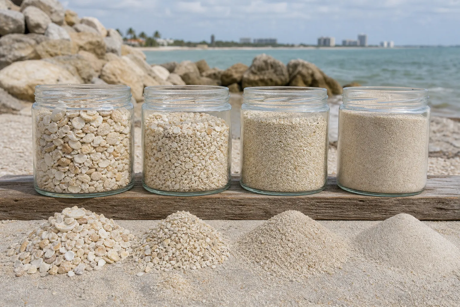 Coquina Shell Material in Four Particle Sizes Four glass jars and matching piles show shell material from coarse fragments to fine sand beside a rocky shoreline.