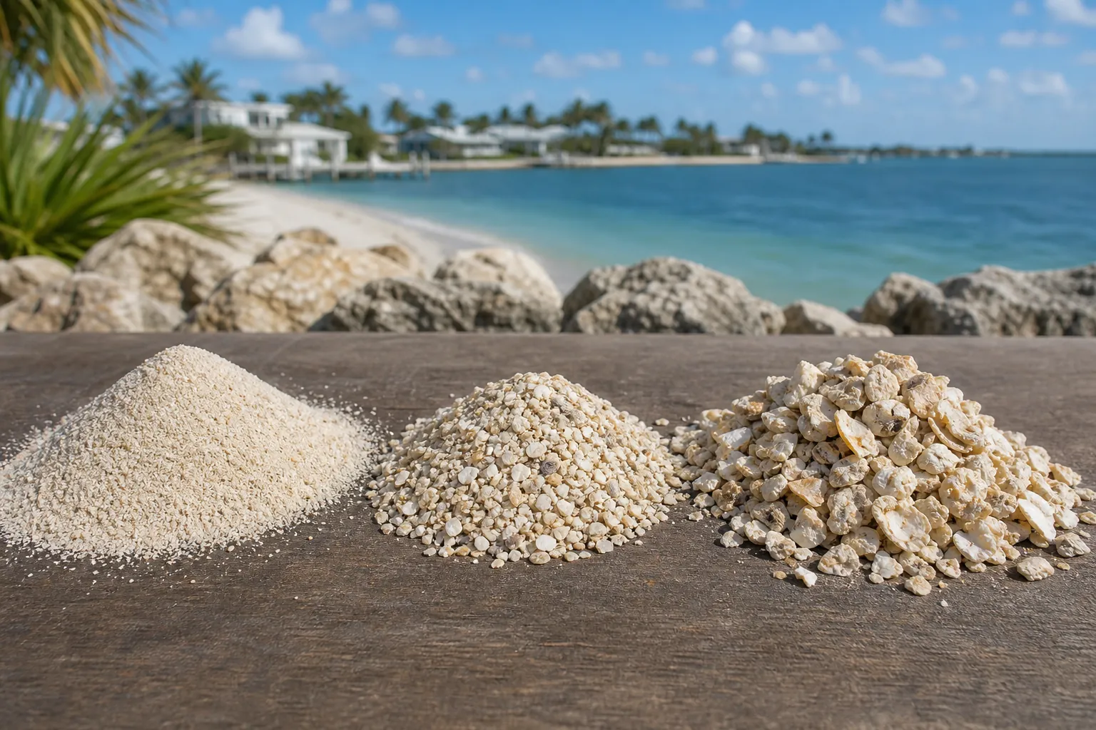 Fine, Mixed and Coarse Shell Aggregate Comparison Three piles of fine, mixed and coarse shell aggregate on a wooden surface beside turquoise water, rocks and palm-lined homes.