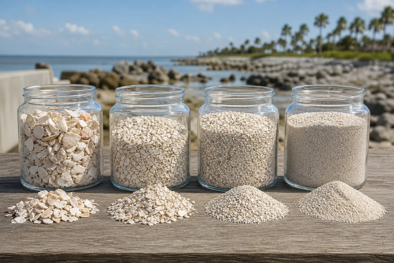 Coquina Shell Particle Sizes From Coarse to Fine Four glass jars and matching piles show shell particles from coarse fragments to fine sand on a wooden table beside the coast.