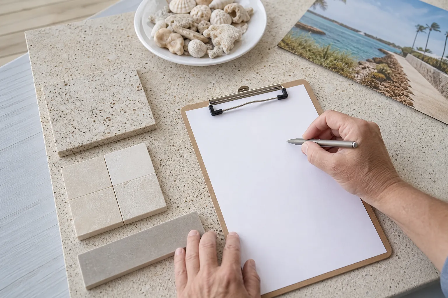 Blank Quote Clipboard with Stone Samples and Shells Hands hold a pen over a blank clipboard beside pale stone samples, a bowl of shells, and a coastal photograph.