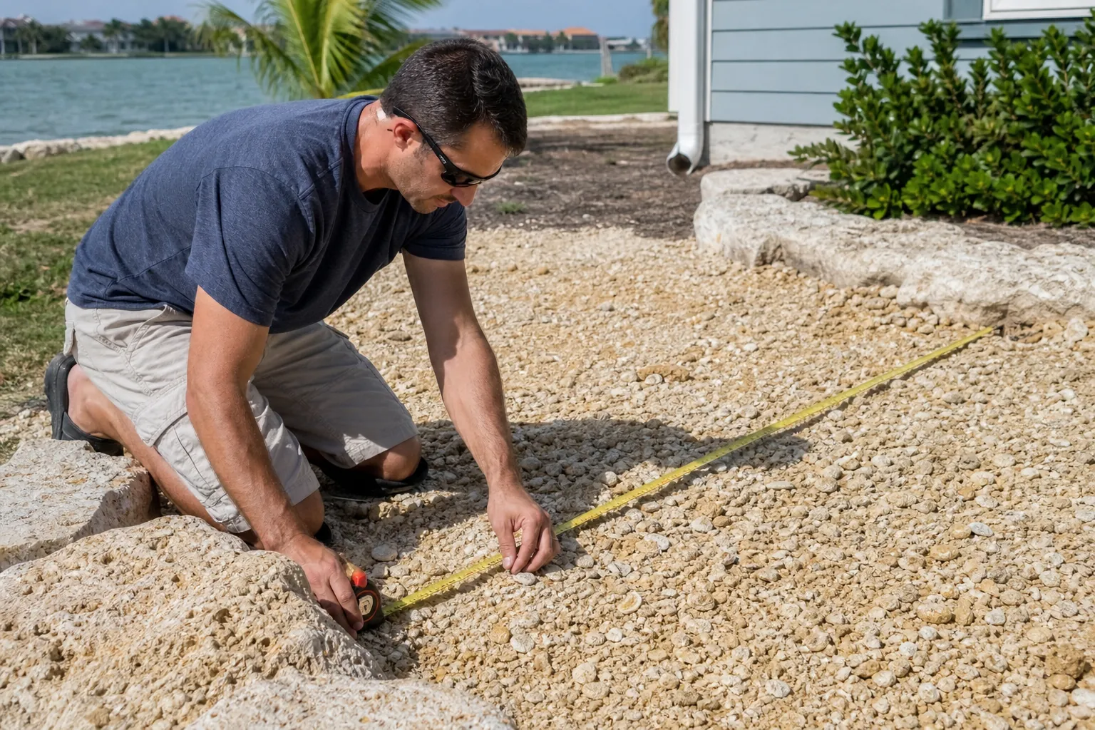Measuring a Shell-Covered Landscaping Area A man kneels on a shell-covered landscaping area and stretches a yellow tape measure beside a house and stone border.