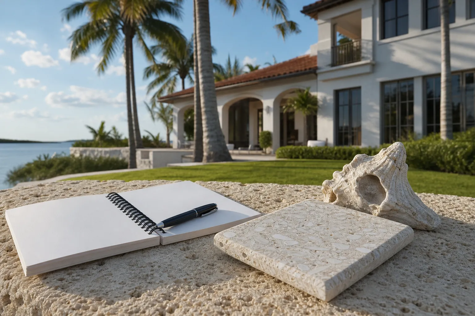 Shell Stone Sample and Notebook at a Waterfront Home A blank notebook, pen, shell stone sample, and large seashell sit on a rough stone surface outside a waterfront house.