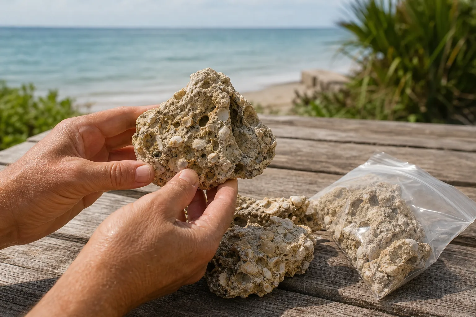 Examining a Shell-Rich Coquina Sample by the Beach Hands hold a shell-rich coquina sample above a wooden table, with loose pieces and a clear sample bag beside the beach.