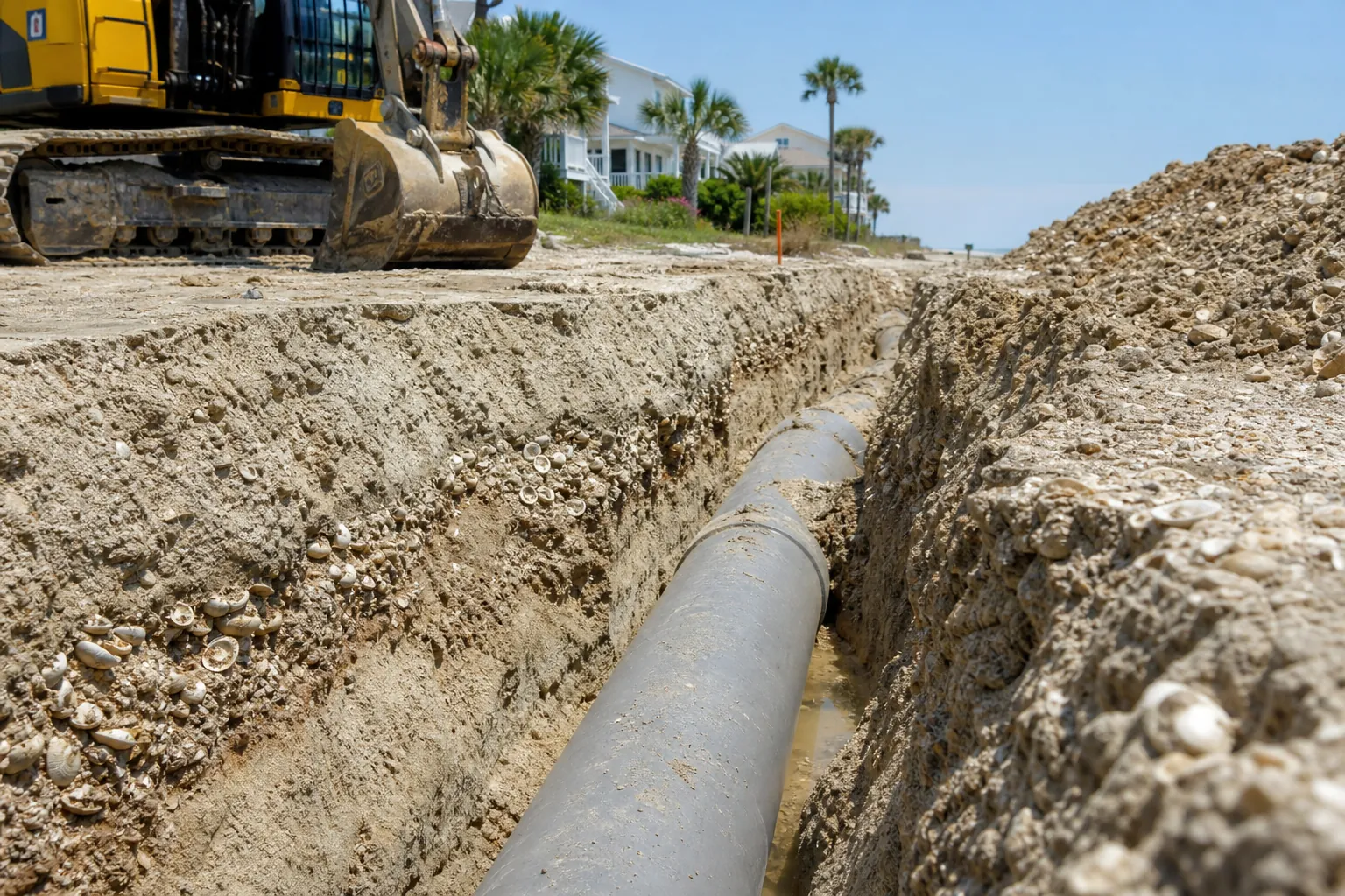 Utility Pipe Trench in Shell-Rich Coquina Soil A gray utility pipe runs through a trench in shell-rich coquina soil, with an excavator and piles of excavated material nearby.