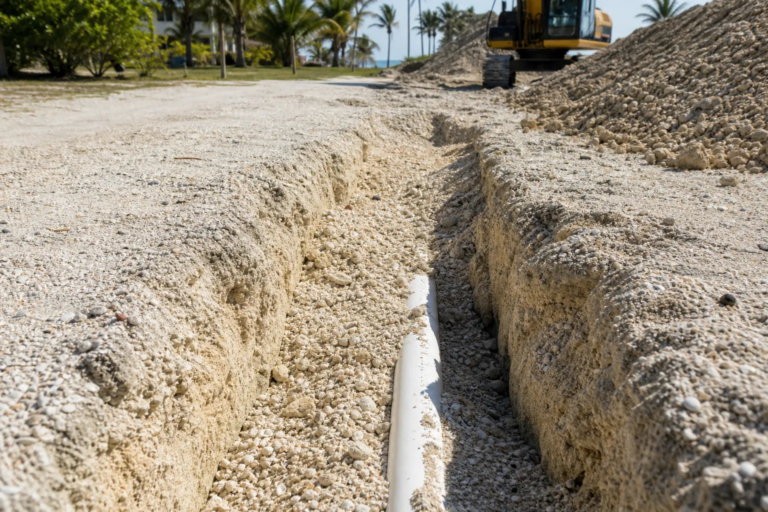 Utility Pipe Trench in Shell-Rich Ground A white utility pipe lies in a trench cut through shell-rich ground, with excavated material and an excavator nearby.