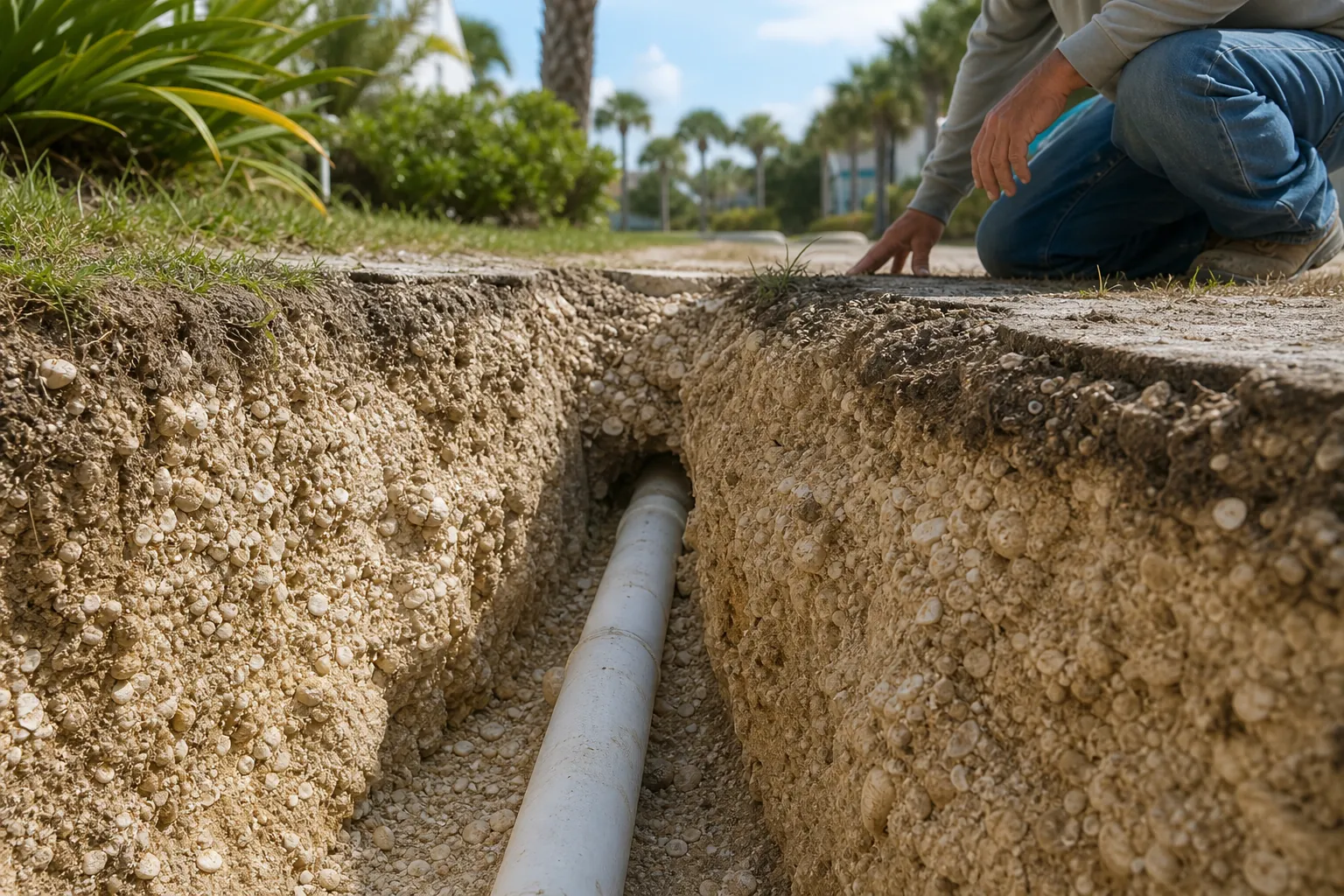 Utility Trench and Pipe in Shell-Rich Yard Soil A person kneels beside an open utility trench with a white pipe running through shell-rich soil next to a grassy yard.