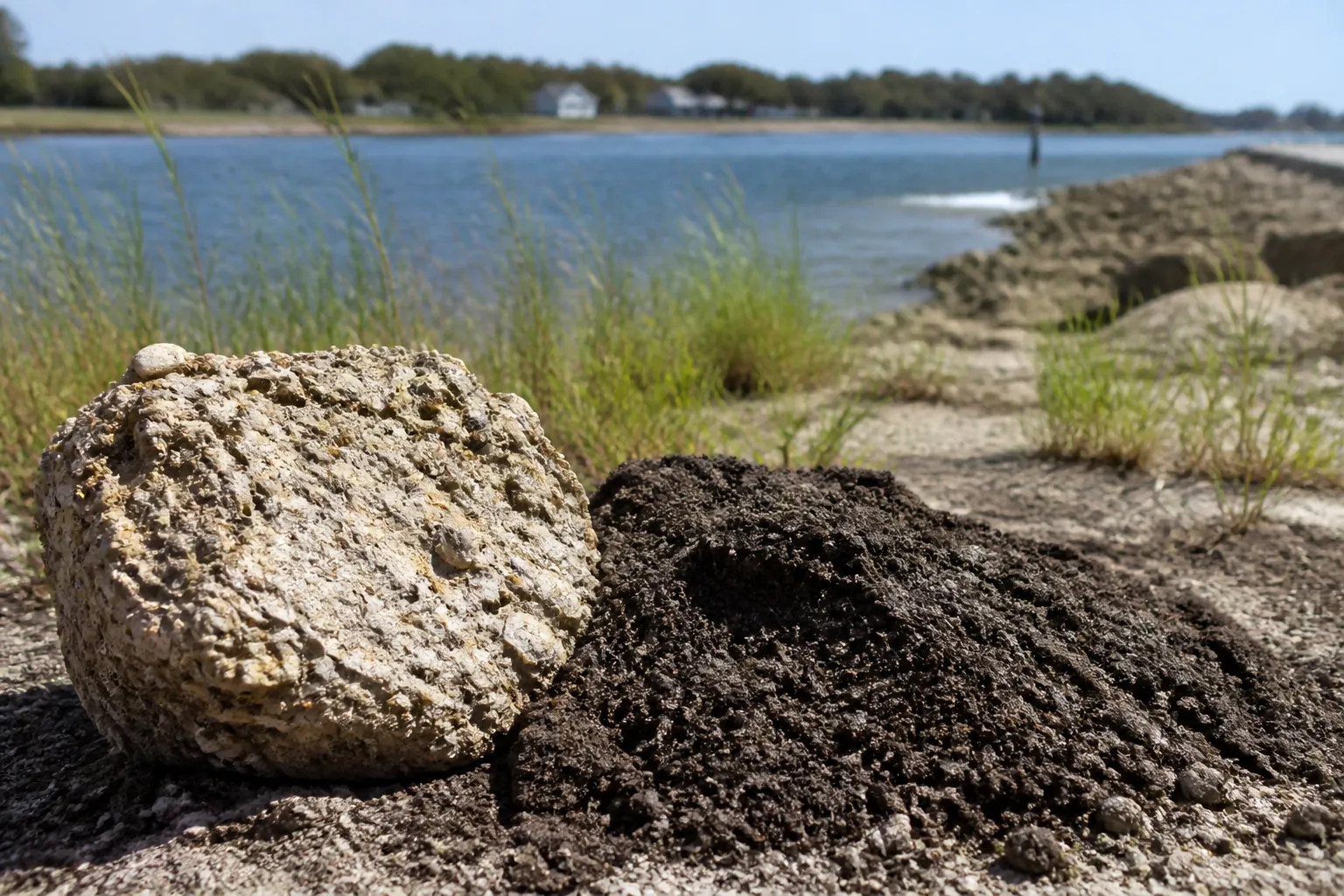 Coquina Rock and Dark Soil Beside the Water A pale, shell-studded coquina rock beside a mound of dark soil on a grassy shoreline, with blue water behind.