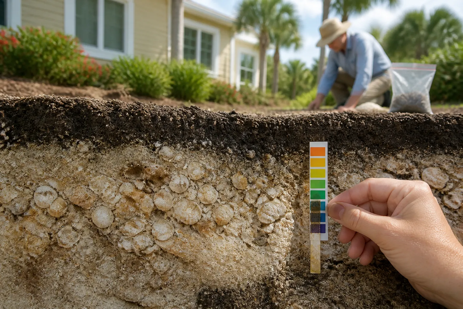 PH Test Strip Beside Shell-Rich Soil A hand holds a pH test strip beside exposed shell-rich soil, with a kneeling gardener and palm trees in the background.