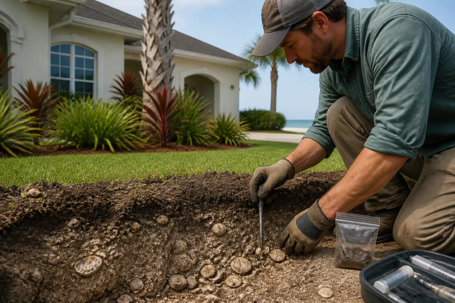 Examining Shell-Rich Soil in a Coastal Yard A gloved man examines shell-rich soil in a coastal yard beside a house, with a sample bag and testing tools nearby.