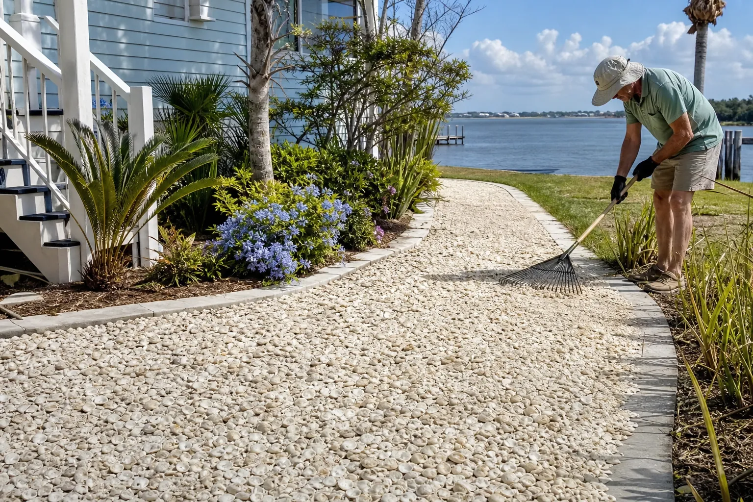 Plan Coquina Shell Surface Maintenance: shell pathway Editorial illustration of a homeowner raking a loose shell pathway for coquina shell surface maintenance