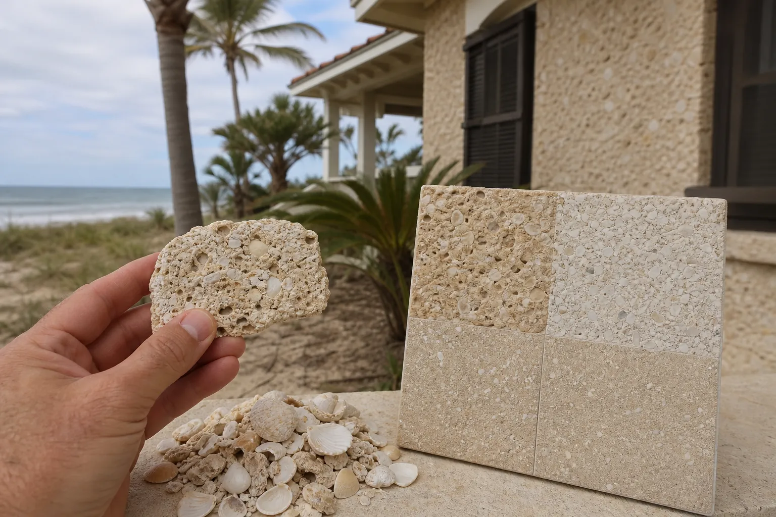 Plan Coquina Shell Surface Maintenance: material sample Editorial illustration of shell pieces and coquina material samples for coquina shell surface maintenance