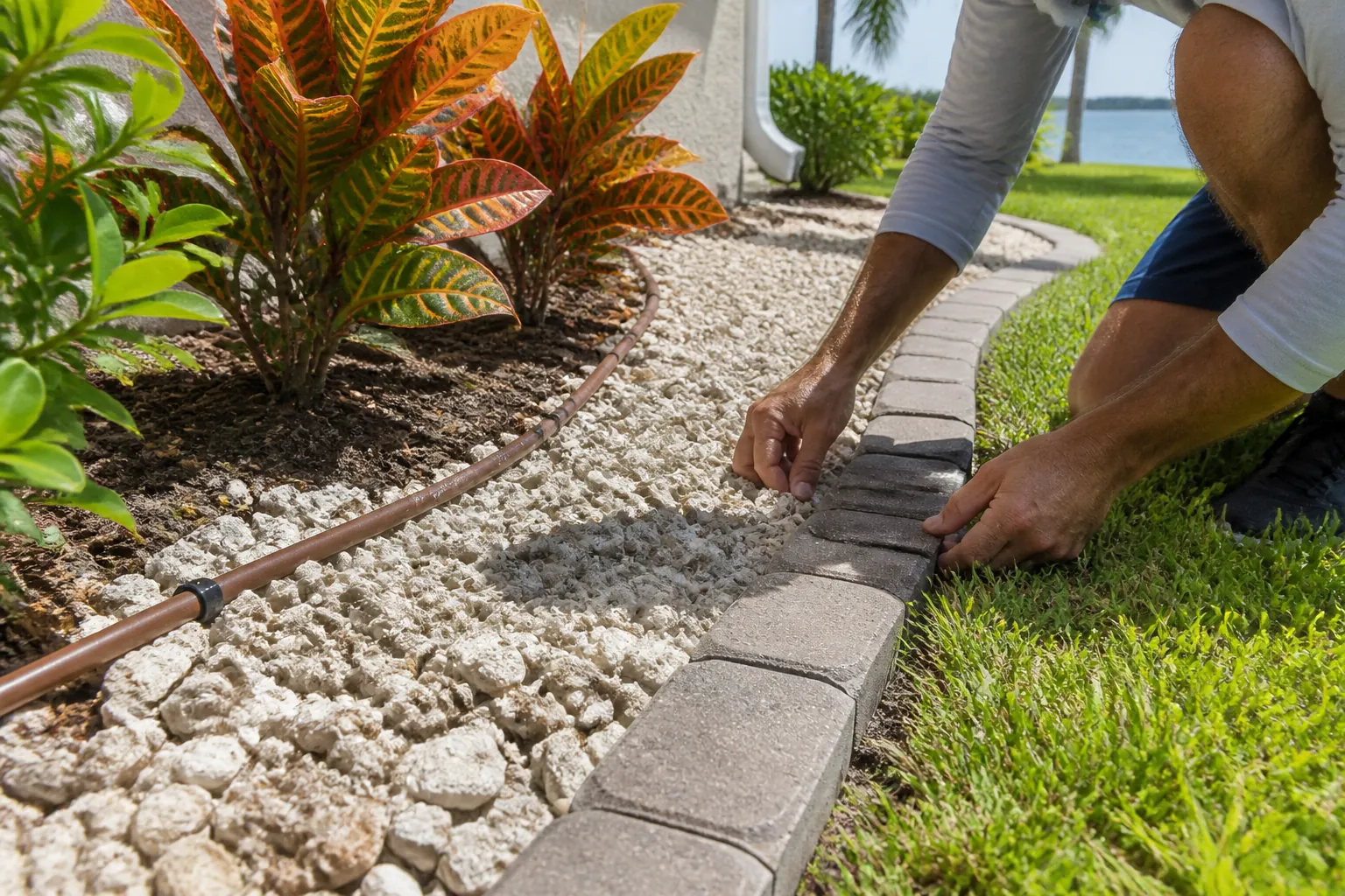 Coquina Shell Mulch and Drip Tubing Along a Garden Border A crouching person adjusts paver edging beside white coquina shell mulch, brown drip tubing, and colorful croton plants.